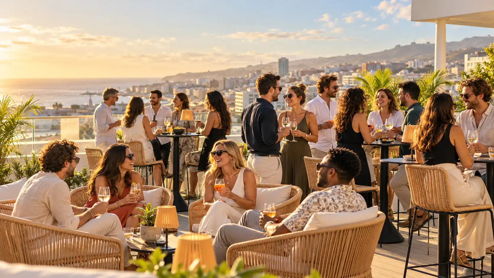 Group of guests enjoying drinks at an elegant rooftop event in Gran Canaria